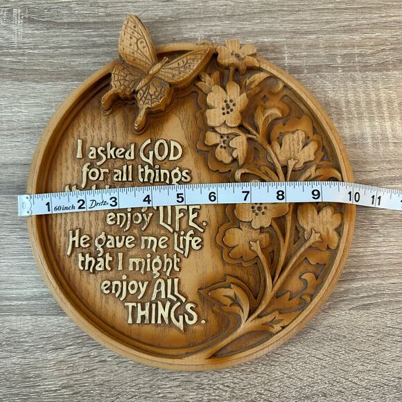 Religious Wooden Circle Plaque Carved Butterfly Flowers Life Blessings Quote - Picture 2 of 4